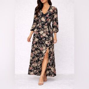 New York & Company Black Floral Long Sleeve Maxi Dress – Size M